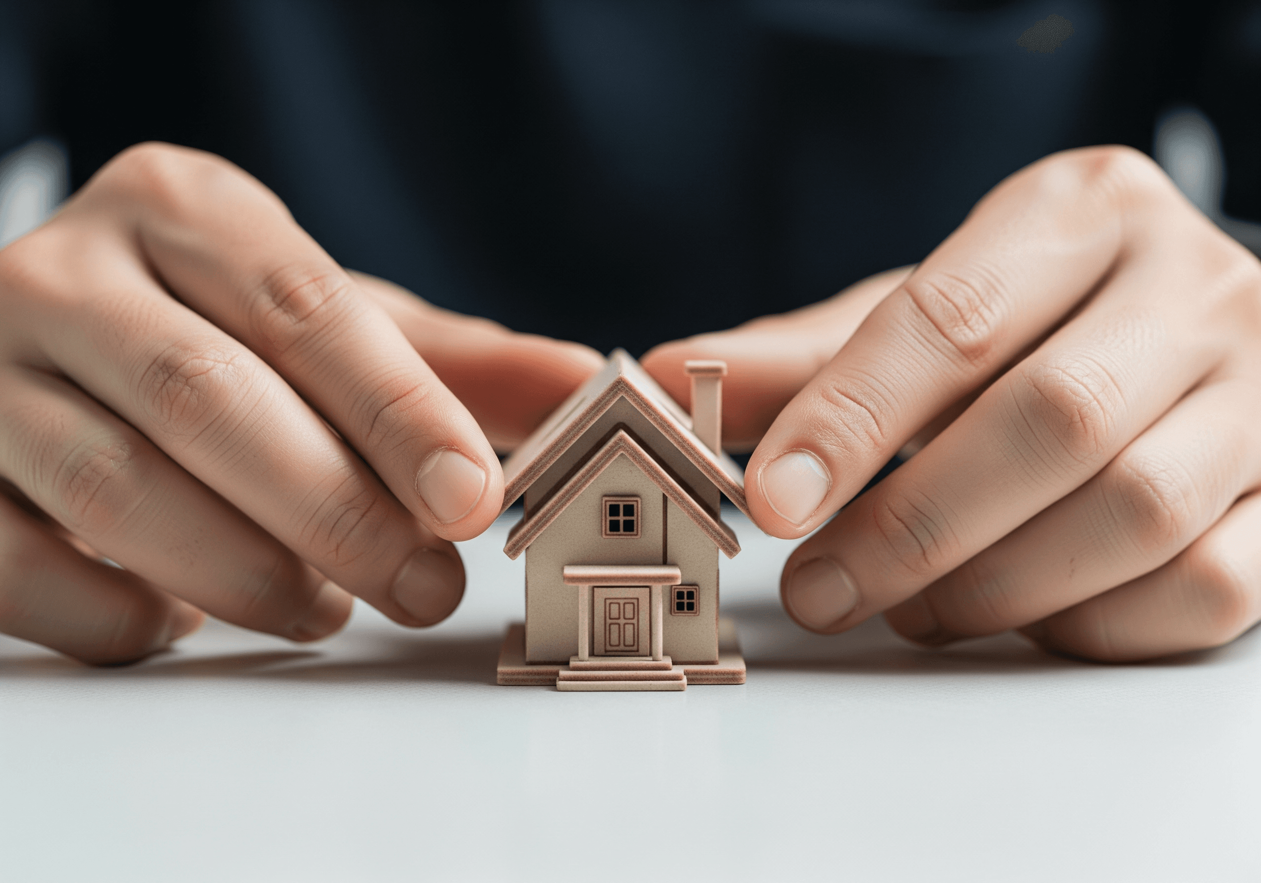 Miniature wood home between two hands