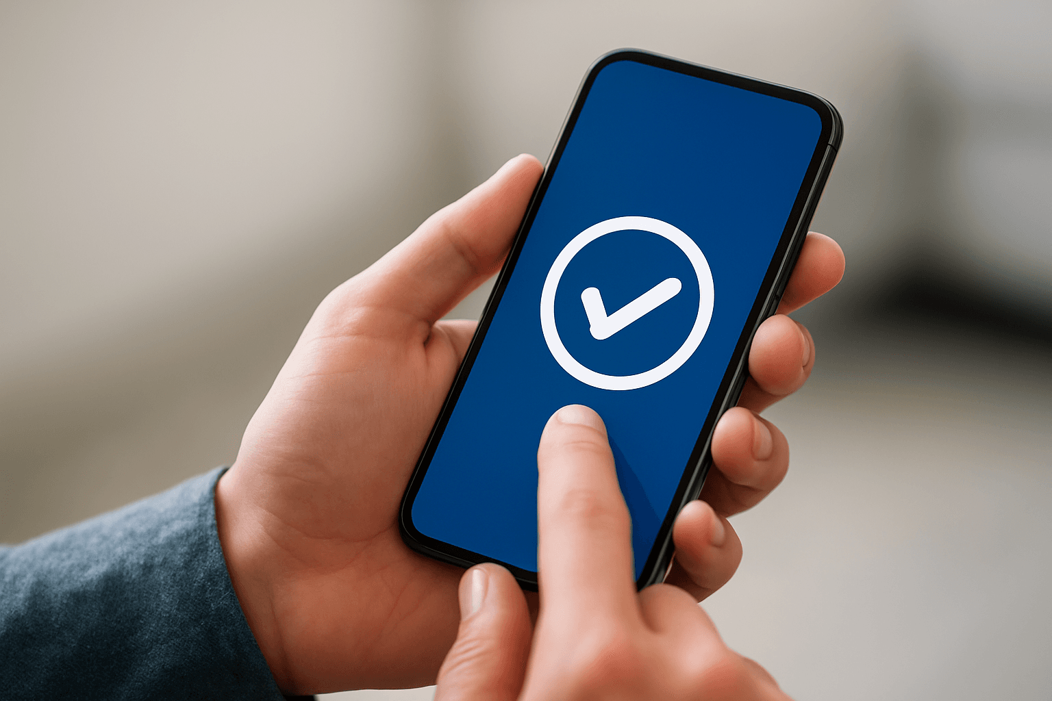 Image of phone being held with checkmark inside of circle on the screen