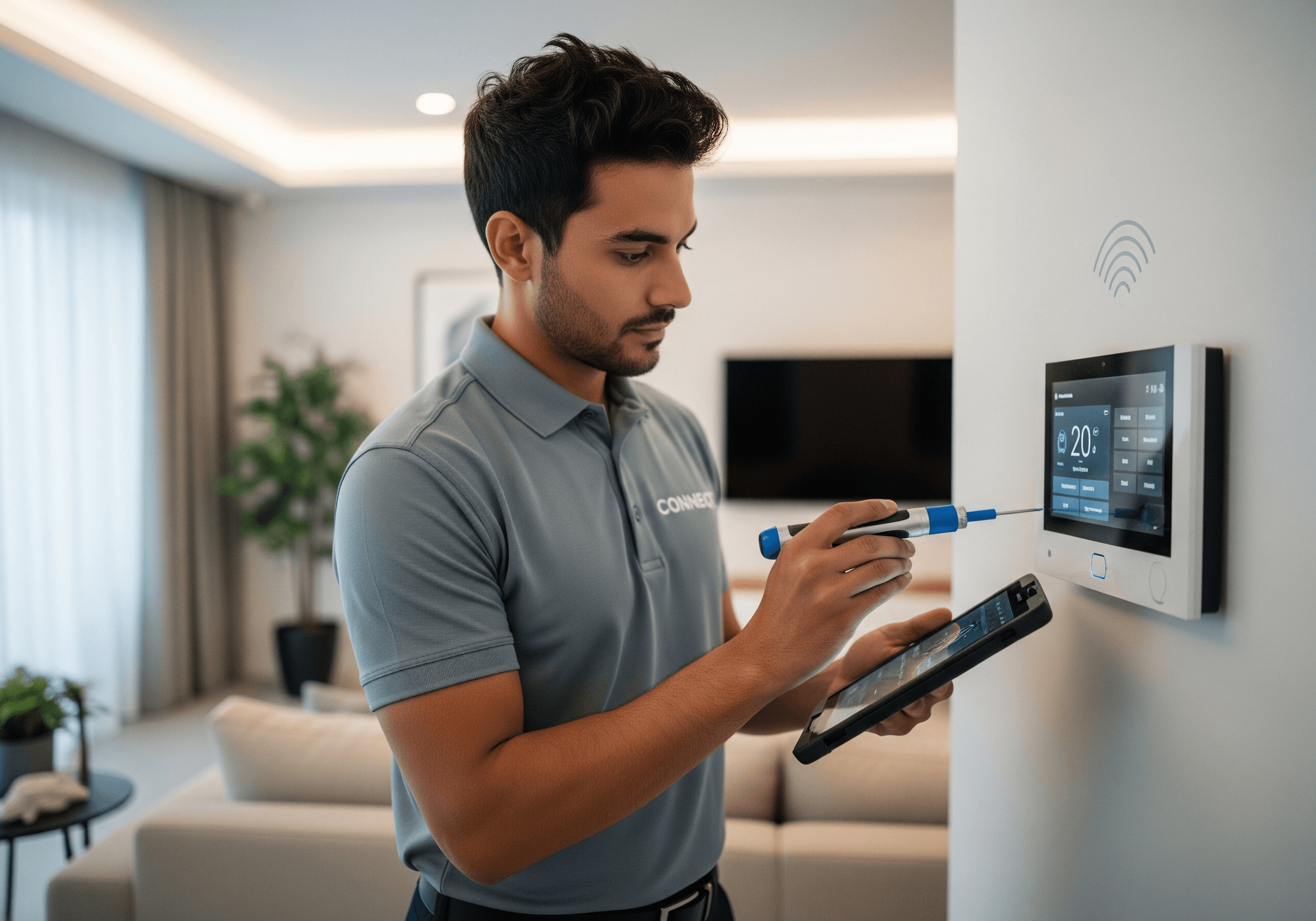 Technician working on wall panel